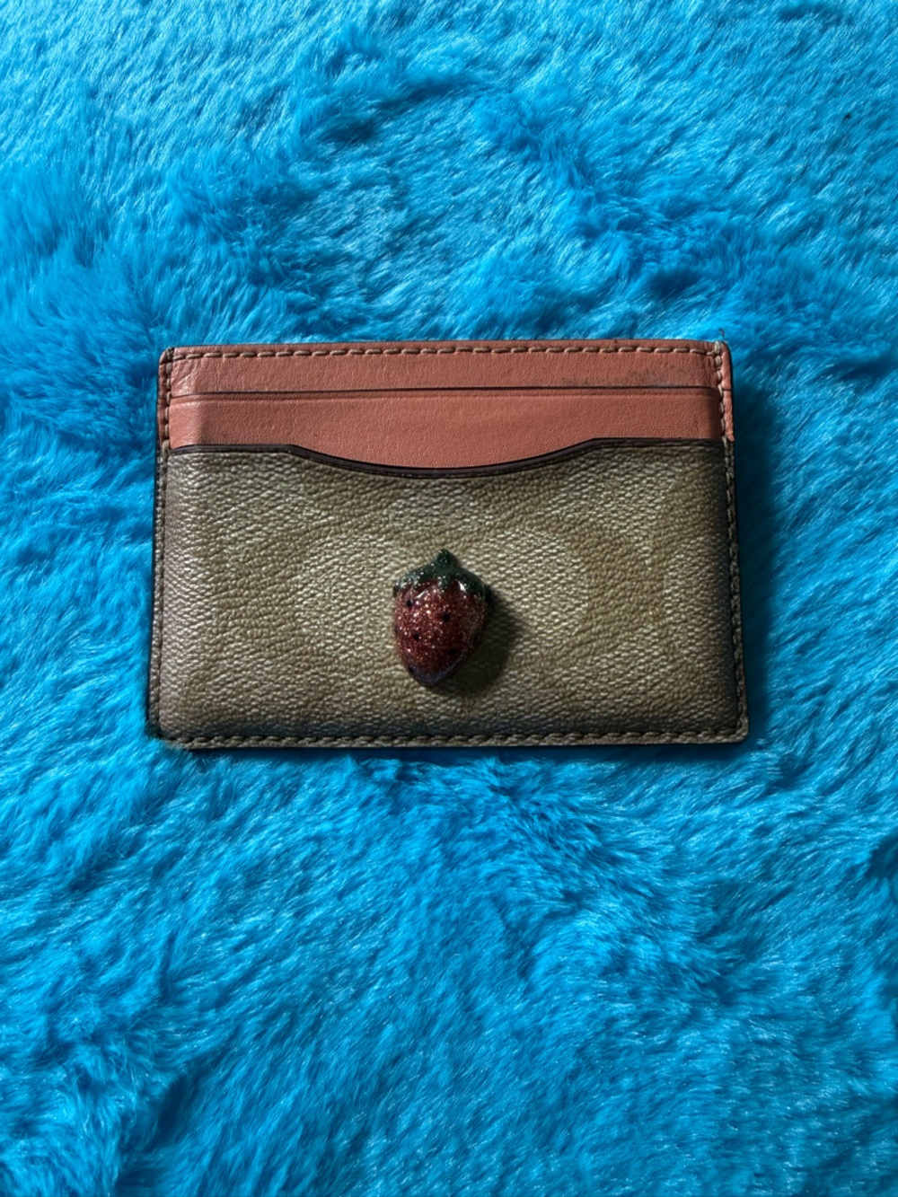 Coach Brown and Pink Signature Card Holder with Strawberry Accent